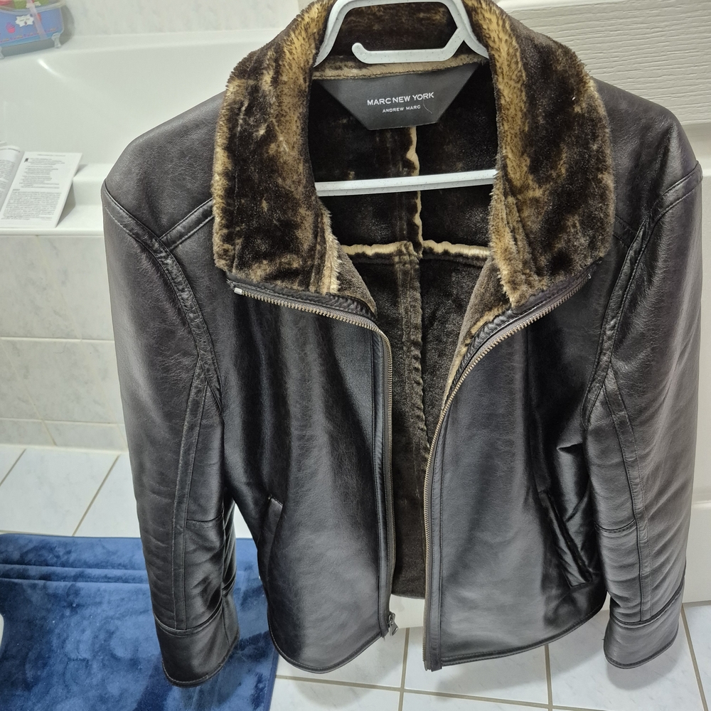 Marc New York Men's S Dark Brown Leather Jacket with Faux Fur Collar